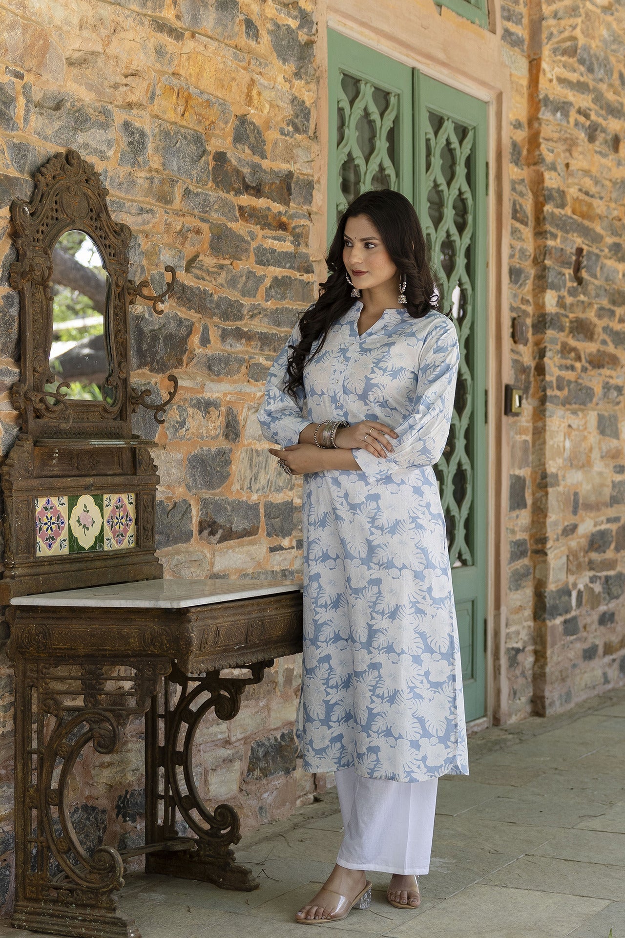 Women Blue Printed Straight Kurta With Three Quarter Sleeves | LASVINI - Redefining Indian Fashion with Elegance