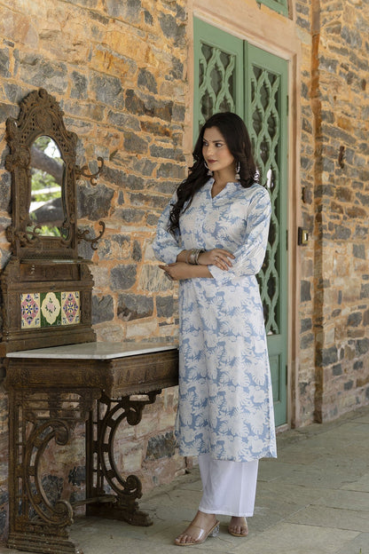 Women Blue Printed Straight Kurta With Three Quarter Sleeves | LASVINI - Redefining Indian Fashion with Elegance
