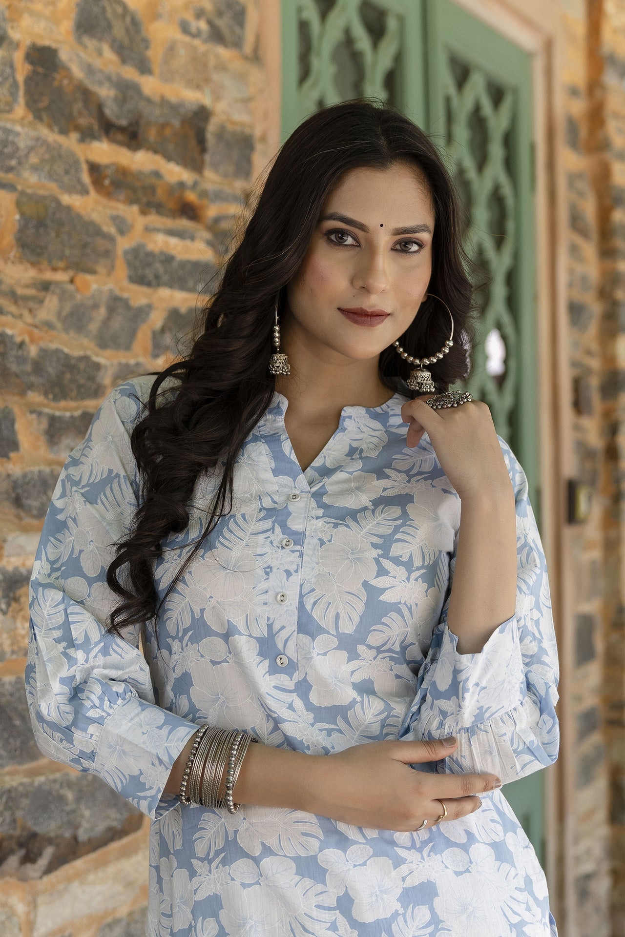 Women Blue Printed Straight Kurta With Three Quarter Sleeves | LASVINI - Redefining Indian Fashion with Elegance