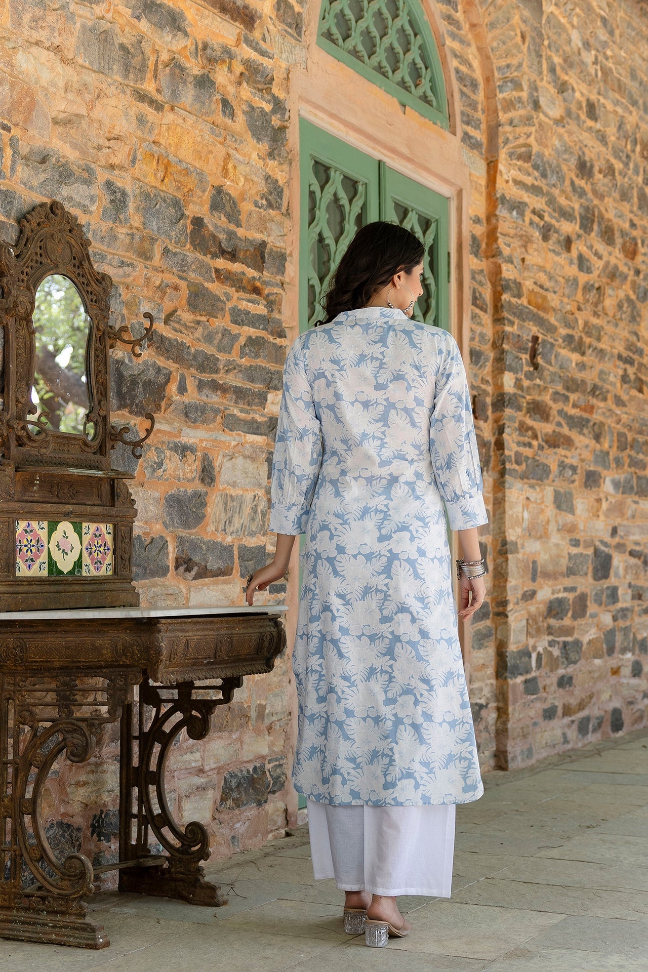 Women Blue Printed Straight Kurta With Three Quarter Sleeves | LASVINI - Redefining Indian Fashion with Elegance
