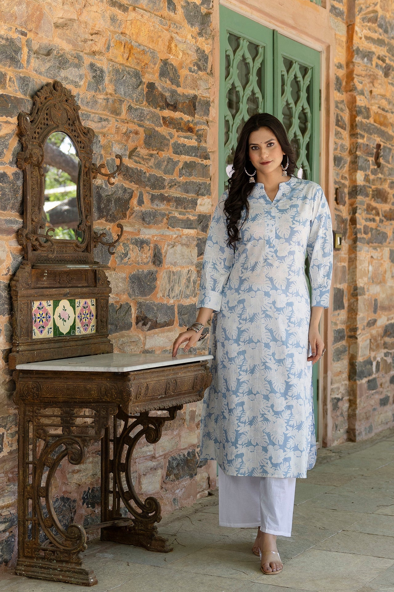Women Blue Printed Straight Kurta With Three Quarter Sleeves | LASVINI - Redefining Indian Fashion with Elegance