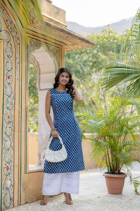 Women Blue Ethnic Straight Sleeveless Kurta | LASVINI - Redefining Indian Fashion with Elegance