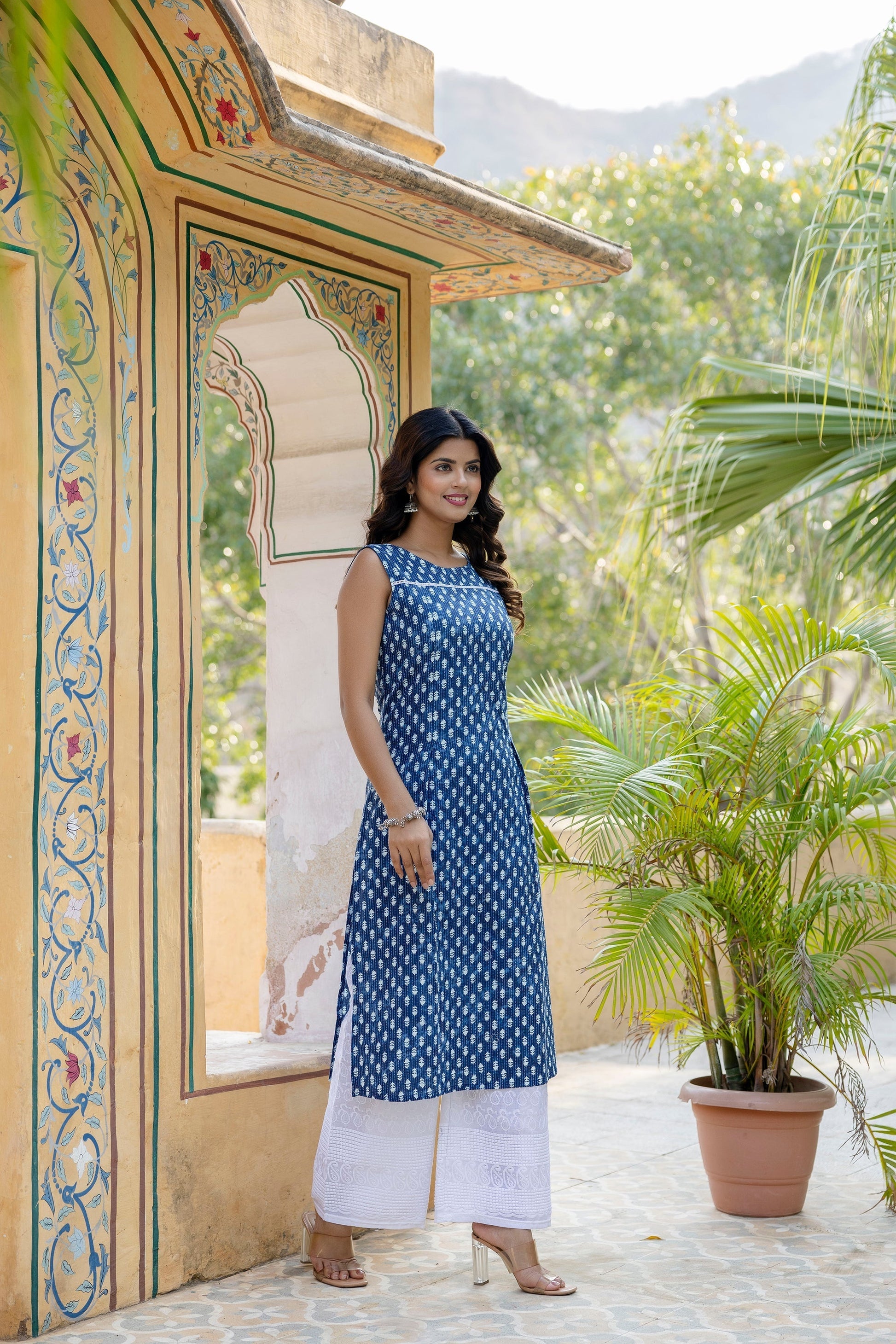 Women Blue Ethnic Straight Sleeveless Kurta | LASVINI - Redefining Indian Fashion with Elegance
