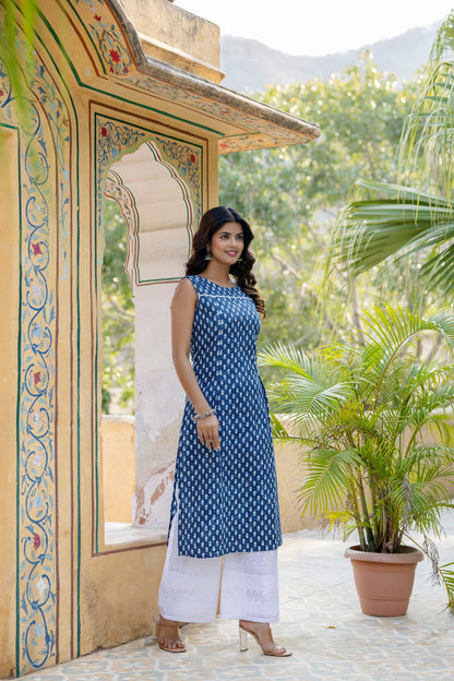 Women Blue Ethnic Straight Sleeveless Kurta | LASVINI - Redefining Indian Fashion with Elegance