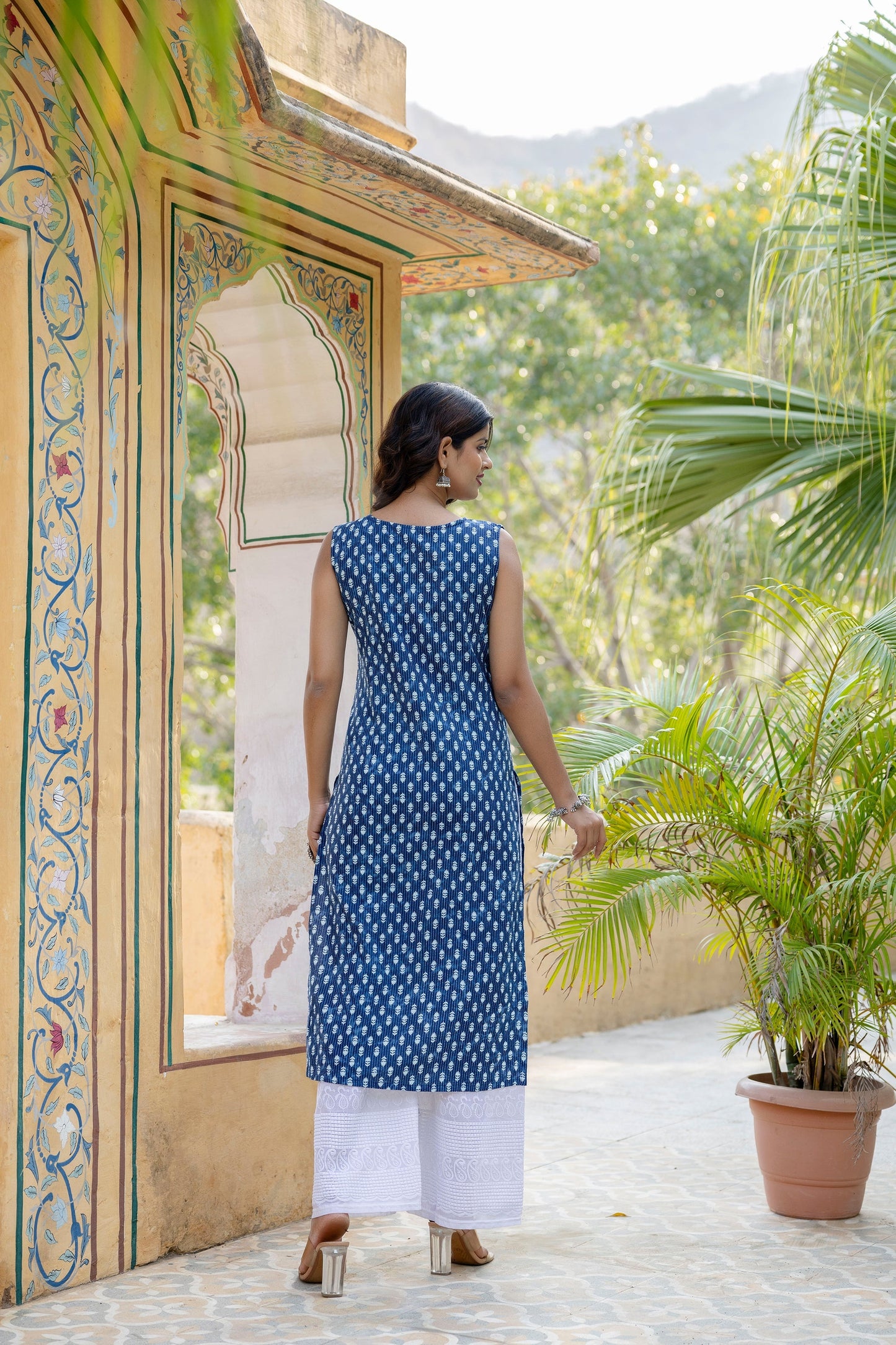 Women Blue Ethnic Straight Sleeveless Kurta | LASVINI - Redefining Indian Fashion with Elegance