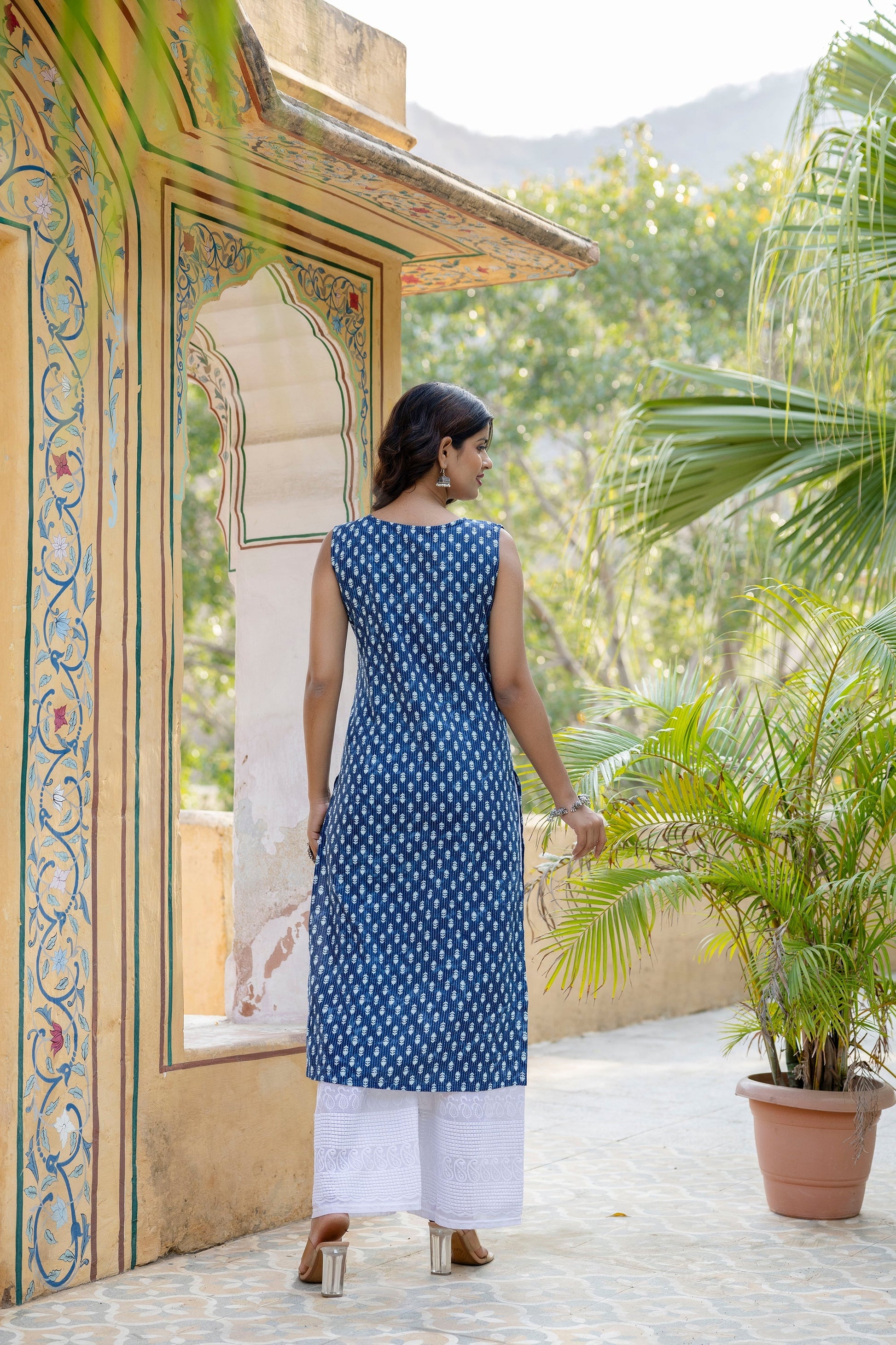 Women Blue Ethnic Straight Sleeveless Kurta | LASVINI - Redefining Indian Fashion with Elegance