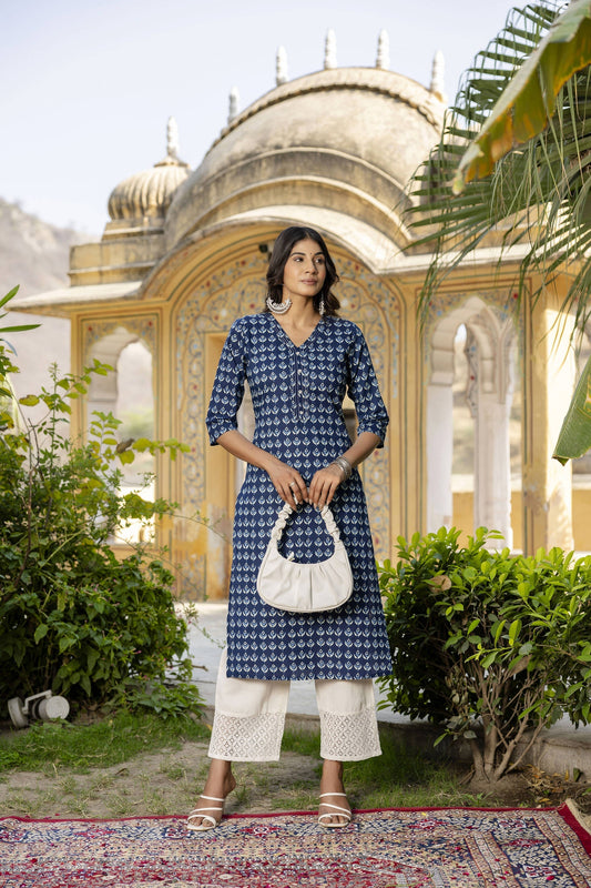 Women Blue Ethnic Printed Straight Kurta With Three Quarter Sleeves | LASVINI - Redefining Indian Fashion with Elegance