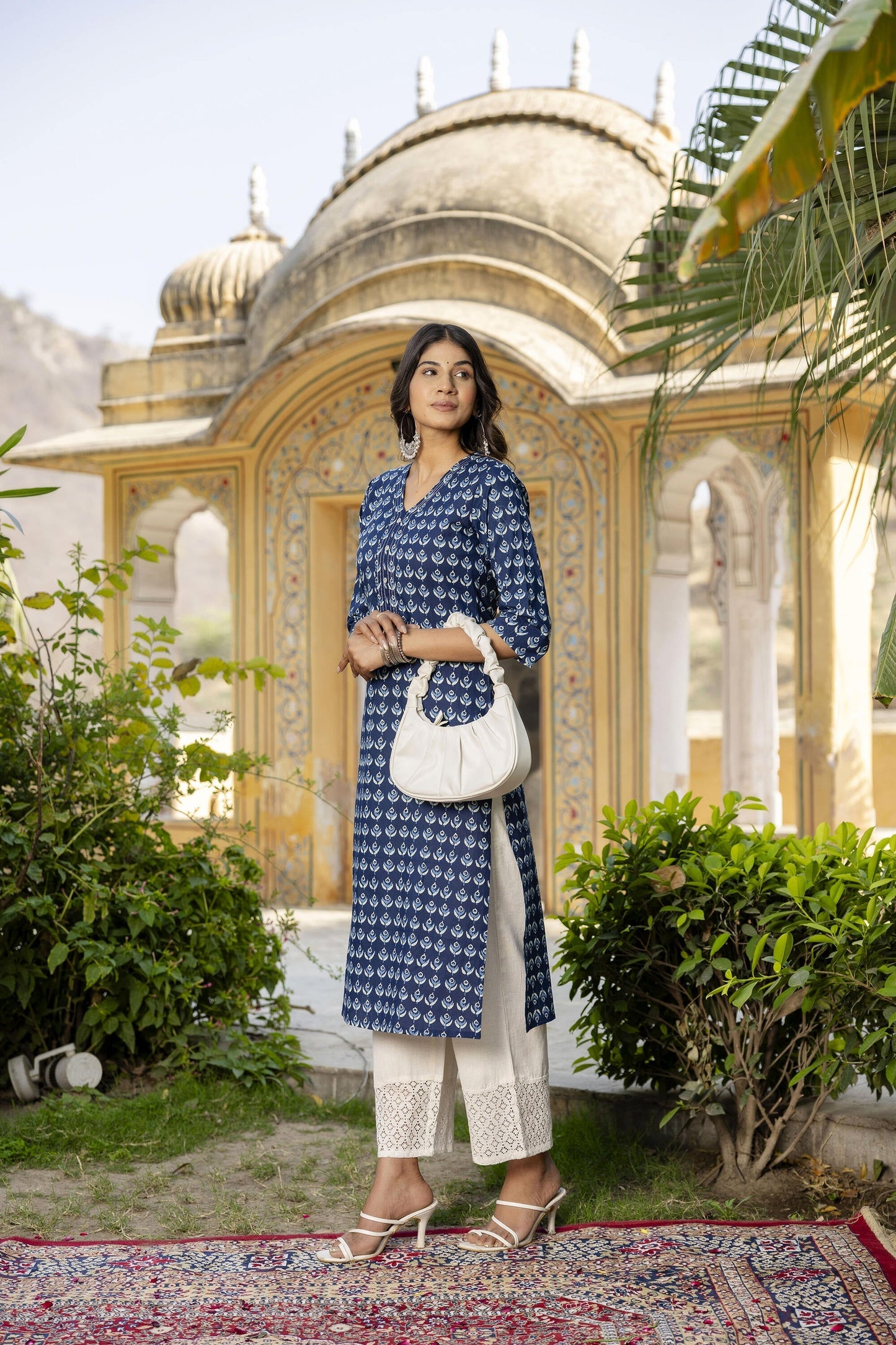Women Blue Ethnic Printed Straight Kurta With Three Quarter Sleeves | LASVINI - Redefining Indian Fashion with Elegance