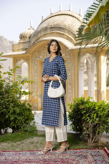 Women Blue Ethnic Printed Straight Kurta With Three Quarter Sleeves | LASVINI - Redefining Indian Fashion with Elegance