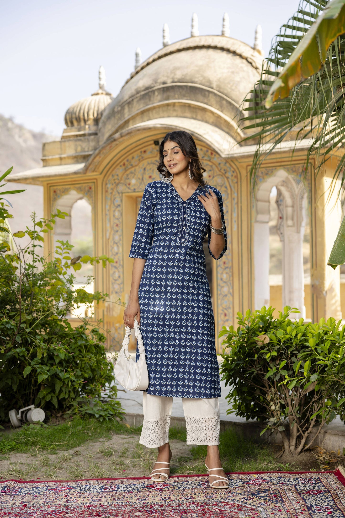 Women Blue Ethnic Printed Straight Kurta With Three Quarter Sleeves | LASVINI - Redefining Indian Fashion with Elegance