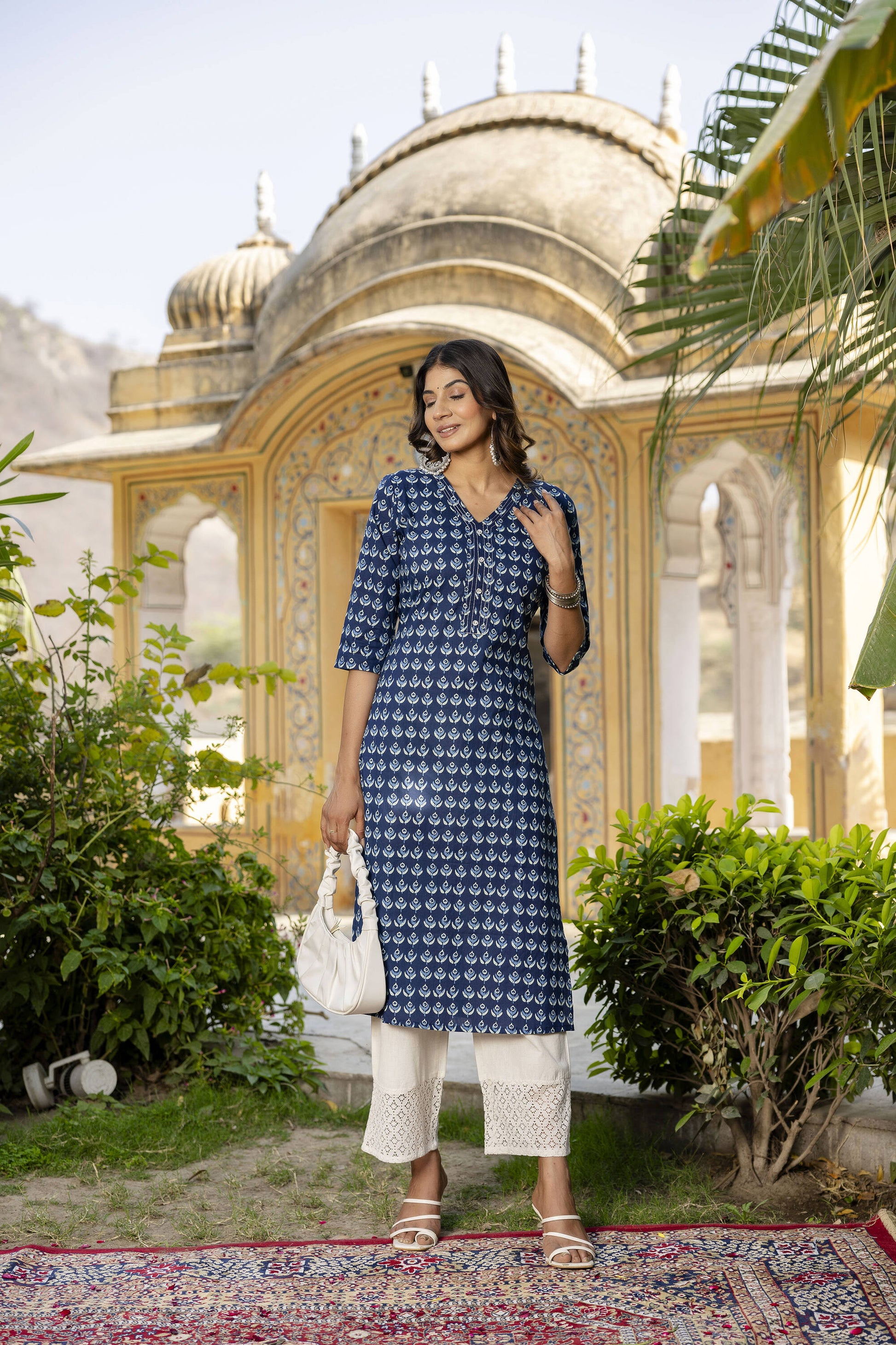 Women Blue Ethnic Printed Straight Kurta With Three Quarter Sleeves | LASVINI - Redefining Indian Fashion with Elegance