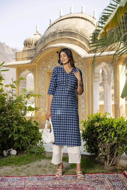 Women Blue Ethnic Printed Straight Kurta With Three Quarter Sleeves | LASVINI - Redefining Indian Fashion with Elegance
