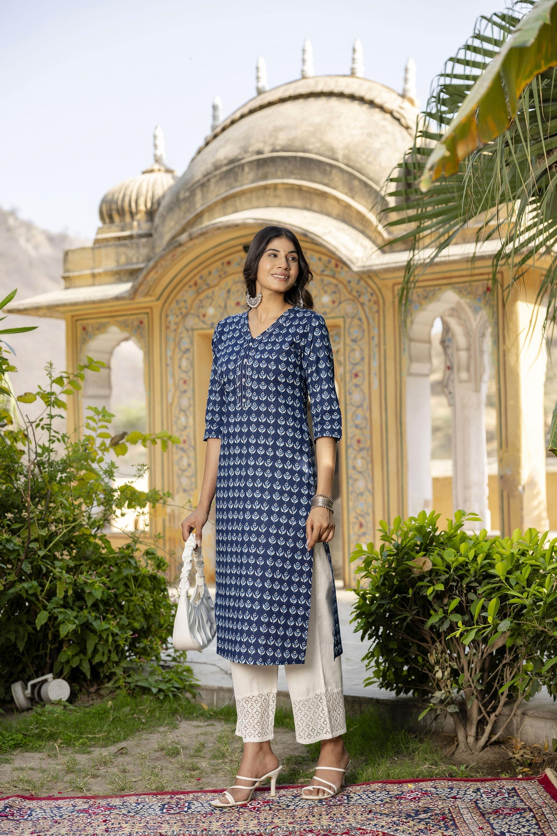 Women Blue Ethnic Printed Straight Kurta With Three Quarter Sleeves | LASVINI - Redefining Indian Fashion with Elegance