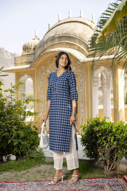 Women Blue Ethnic Printed Straight Kurta With Three Quarter Sleeves | LASVINI - Redefining Indian Fashion with Elegance