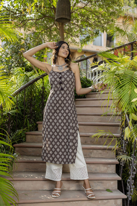 Women Brown Ethnic Straight Sleeveless Kurta | LASVINI - Redefining Indian Fashion with Elegance