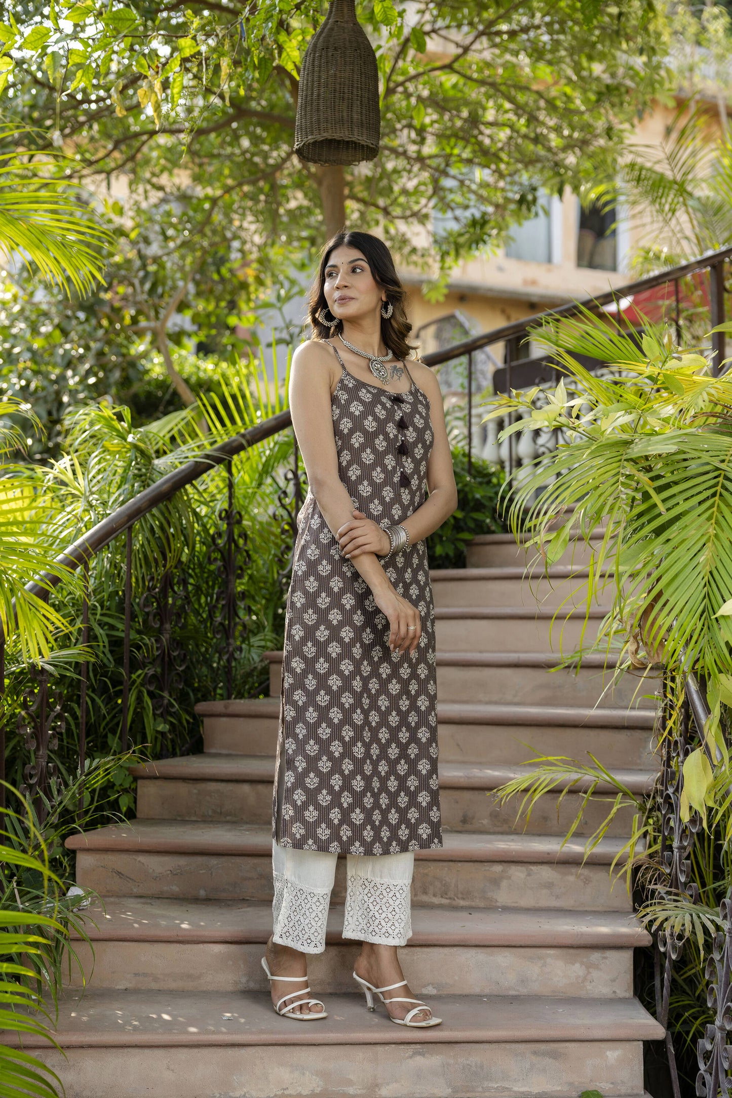 Women Brown Ethnic Straight Sleeveless Kurta | LASVINI - Redefining Indian Fashion with Elegance
