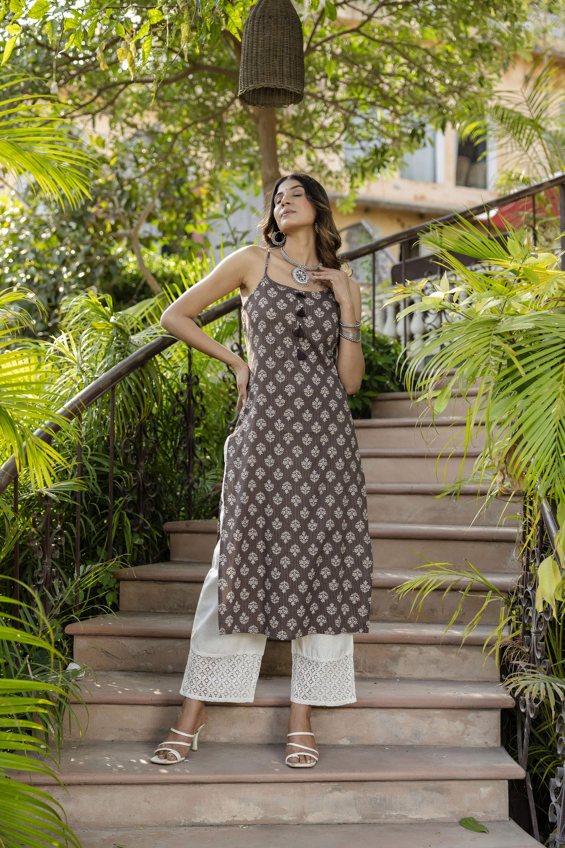 Women Brown Ethnic Straight Sleeveless Kurta | LASVINI - Redefining Indian Fashion with Elegance