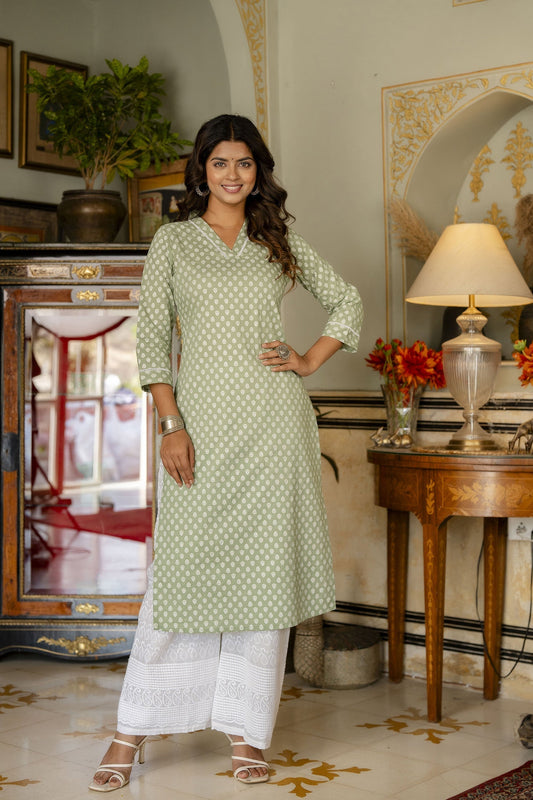 Women Green Ethnic Printed Straight Kurta With Three Quarter Sleeves | LASVINI - Redefining Indian Fashion with Elegance