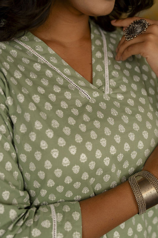 Women Green Ethnic Printed Straight Kurta With Three Quarter Sleeves | LASVINI - Redefining Indian Fashion with Elegance