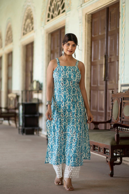 Women Blue Abstract Printed Sleeveless Kurta | LASVINI - Redefining Indian Fashion with Elegance