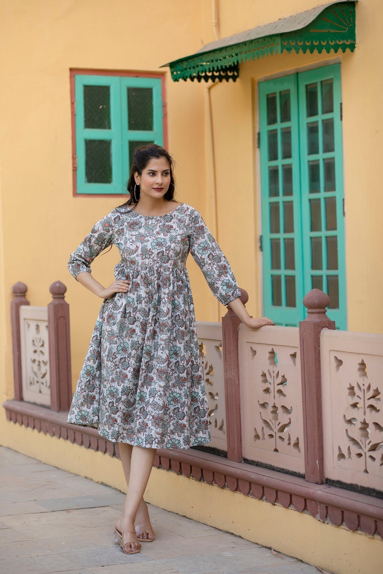 Women Off-White Ethnic Printed Flared Dress With Three Quarter Sleeves | LASVINI - Redefining Indian Fashion with Elegance
