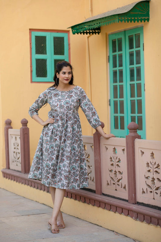 Women Off-White Ethnic Printed Flared Dress With Three Quarter Sleeves | LASVINI - Redefining Indian Fashion with Elegance