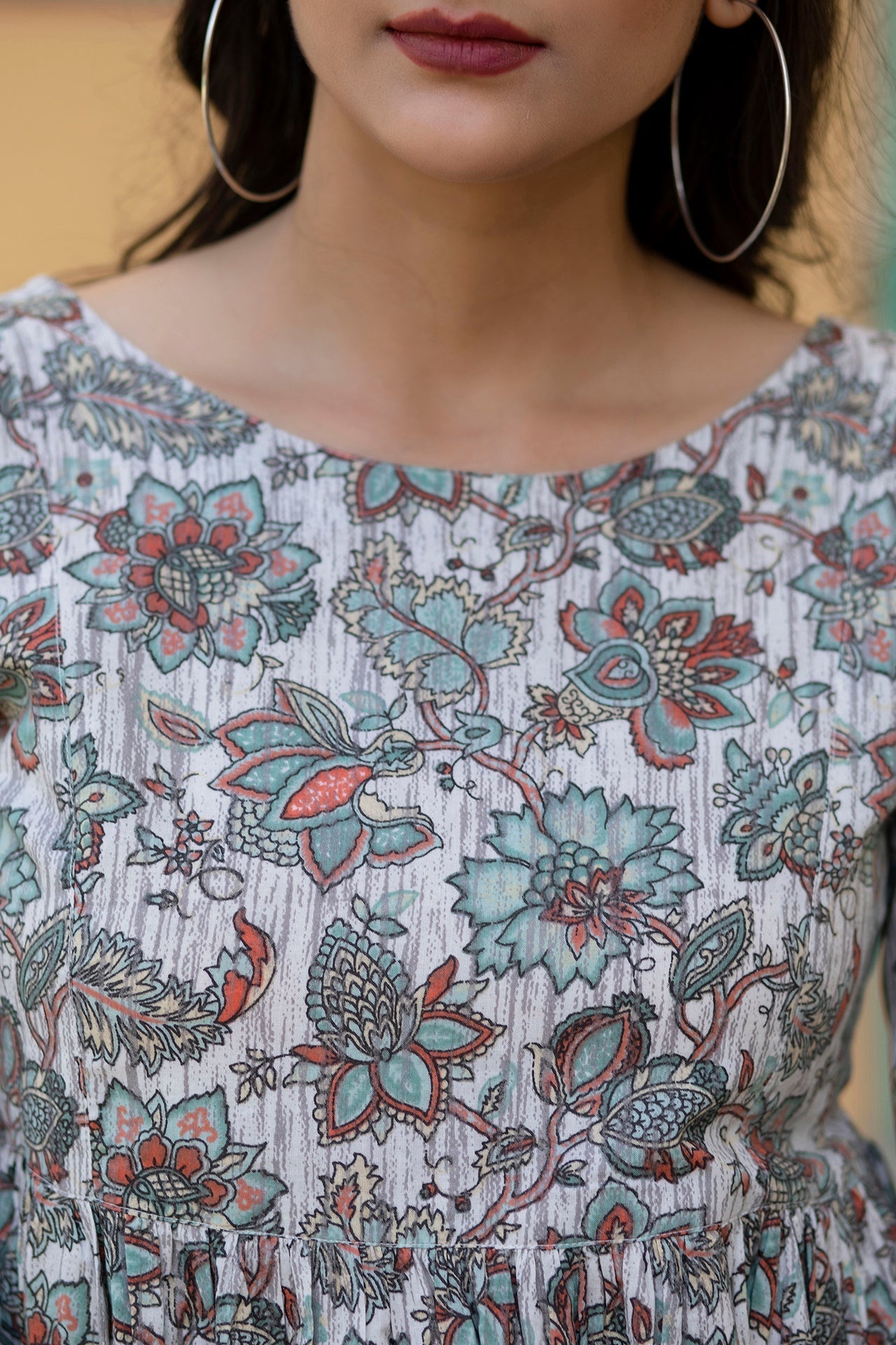 Women Off-White Ethnic Printed Flared Dress With Three Quarter Sleeves | LASVINI - Redefining Indian Fashion with Elegance