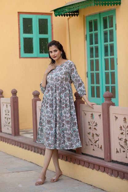 Women Off-White Ethnic Printed Flared Dress With Three Quarter Sleeves | LASVINI - Redefining Indian Fashion with Elegance