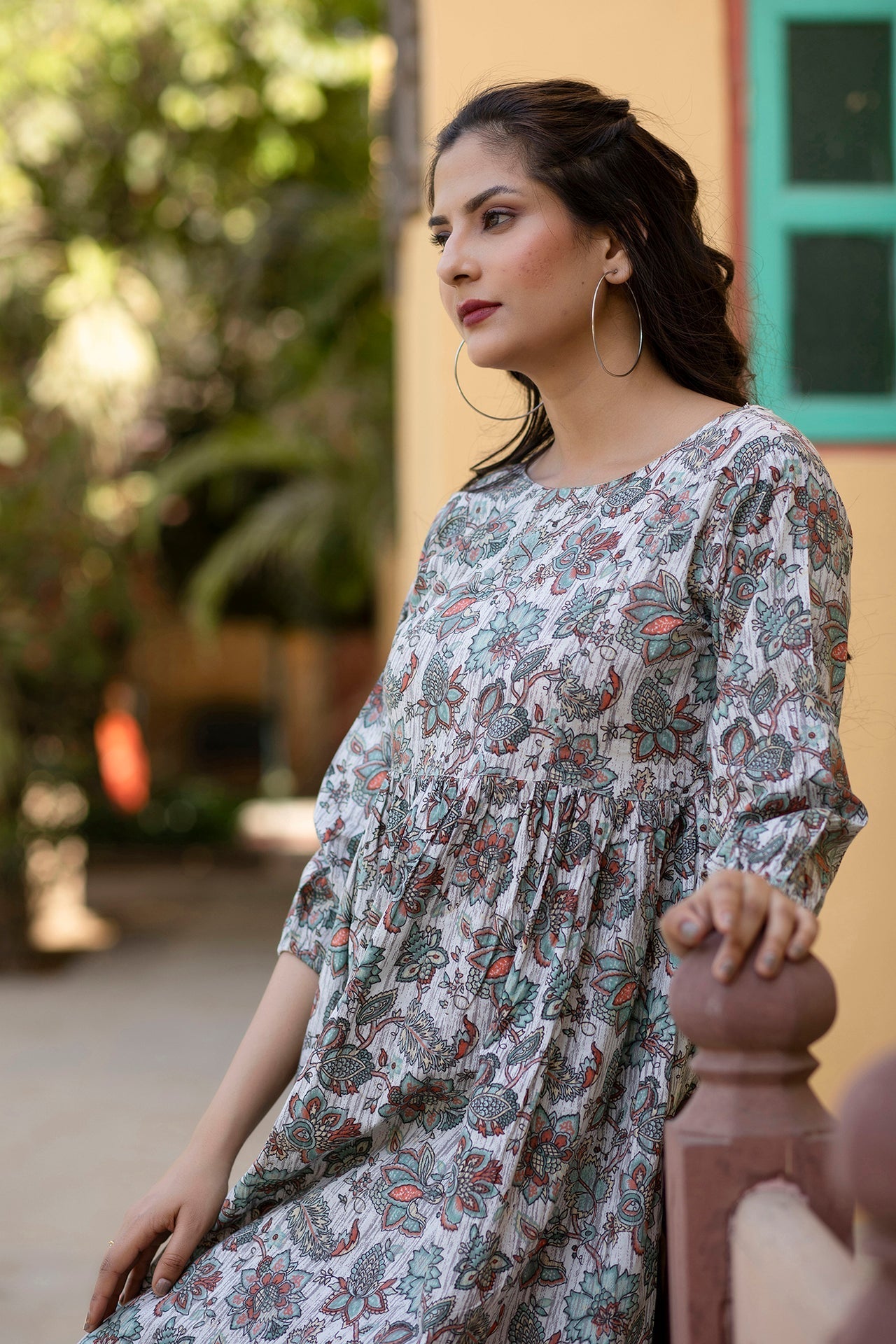 Women Off-White Ethnic Printed Flared Dress With Three Quarter Sleeves | LASVINI - Redefining Indian Fashion with Elegance