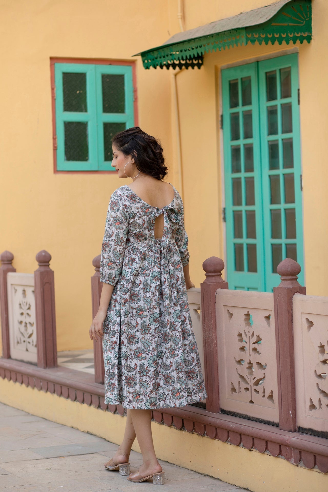 Women Off-White Ethnic Printed Flared Dress With Three Quarter Sleeves | LASVINI - Redefining Indian Fashion with Elegance