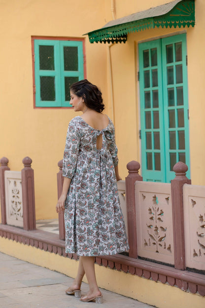 Women Off-White Ethnic Printed Flared Dress With Three Quarter Sleeves | LASVINI - Redefining Indian Fashion with Elegance