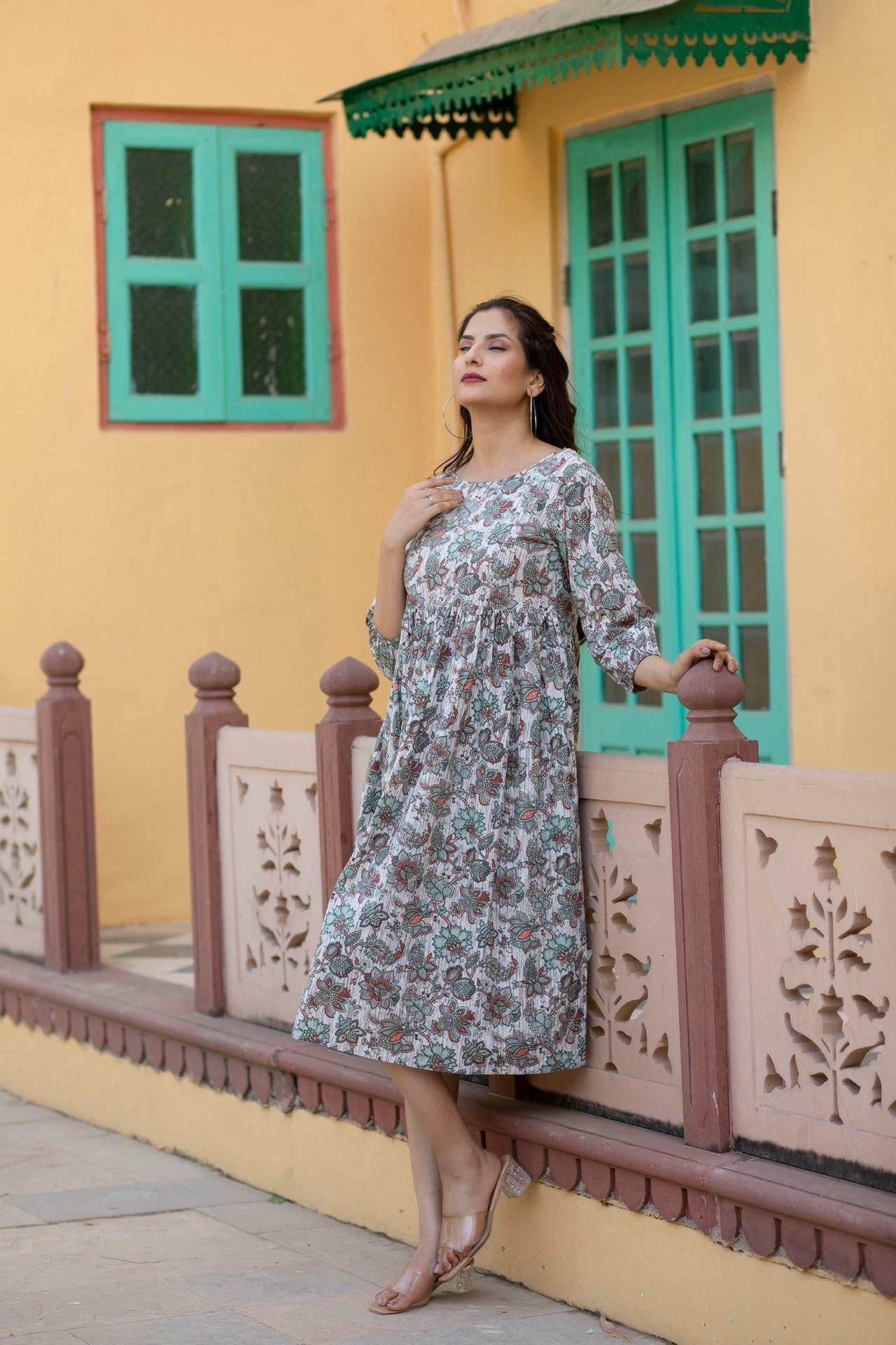 Women Off-White Ethnic Printed Flared Dress With Three Quarter Sleeves | LASVINI - Redefining Indian Fashion with Elegance