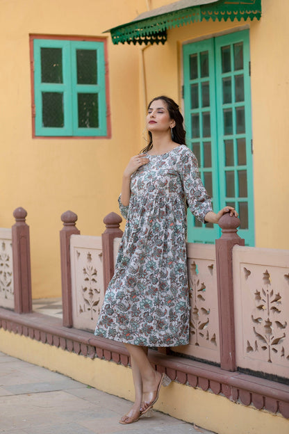 Women Off-White Ethnic Printed Flared Dress With Three Quarter Sleeves | LASVINI - Redefining Indian Fashion with Elegance