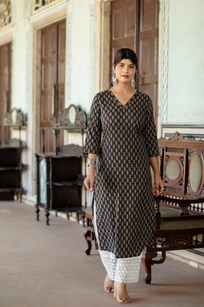 Women Black Ethnic Printed Straight Kurta With Three Quarter Sleeves | LASVINI - Redefining Indian Fashion with Elegance