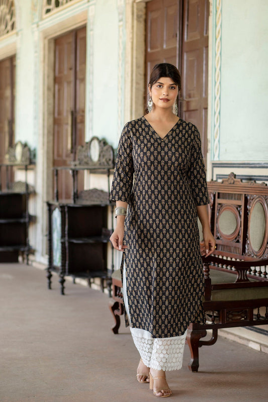 Women Black Ethnic Printed Straight Kurta With Three Quarter Sleeves | LASVINI - Redefining Indian Fashion with Elegance