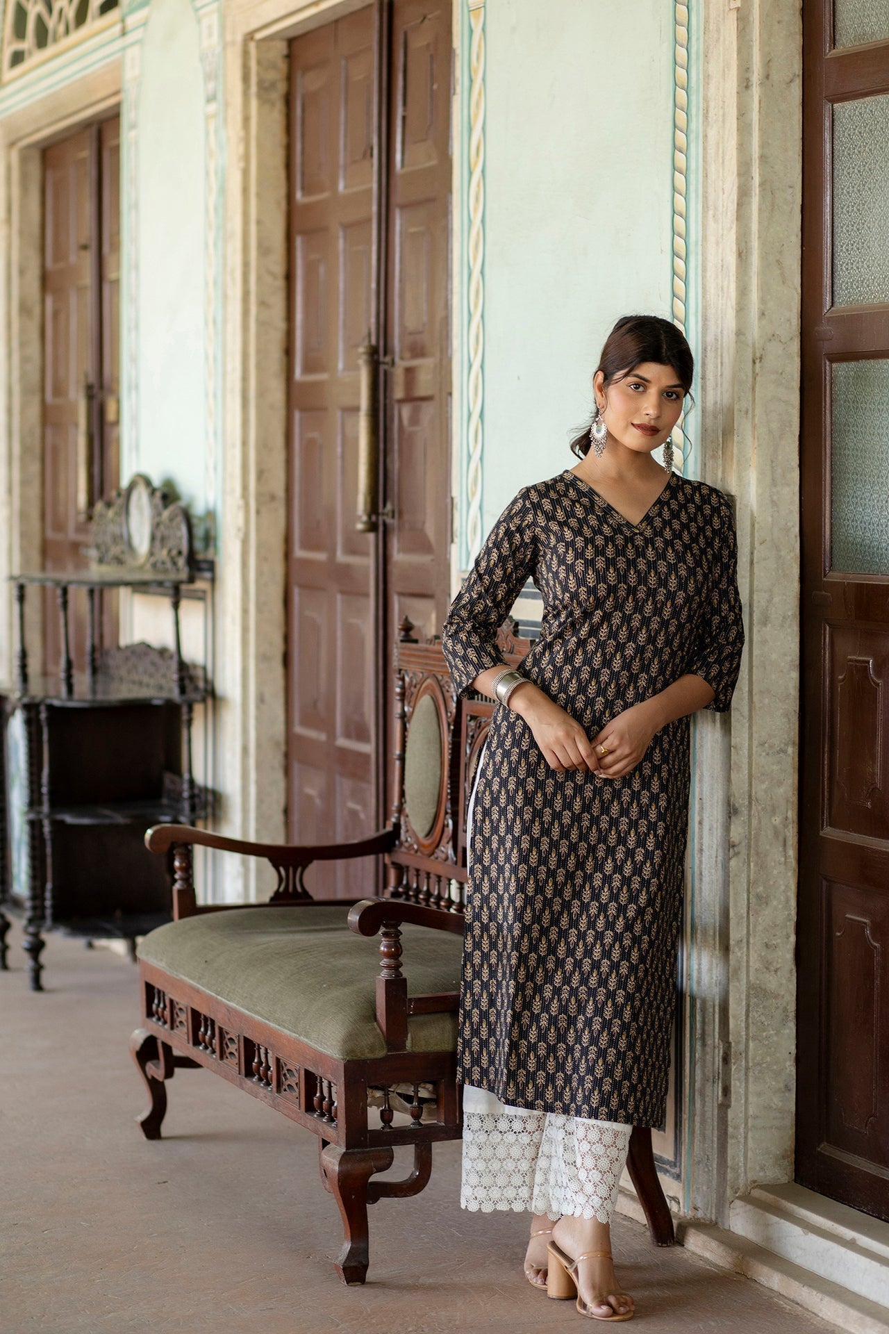 Women Black Ethnic Printed Straight Kurta With Three Quarter Sleeves | LASVINI - Redefining Indian Fashion with Elegance