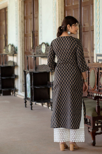 Women Black Ethnic Printed Straight Kurta With Three Quarter Sleeves | LASVINI - Redefining Indian Fashion with Elegance