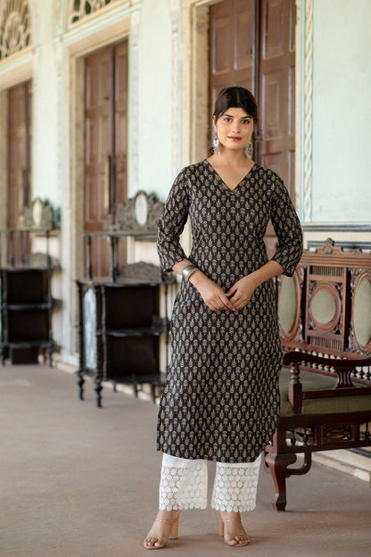 Women Black Ethnic Printed Straight Kurta With Three Quarter Sleeves | LASVINI - Redefining Indian Fashion with Elegance