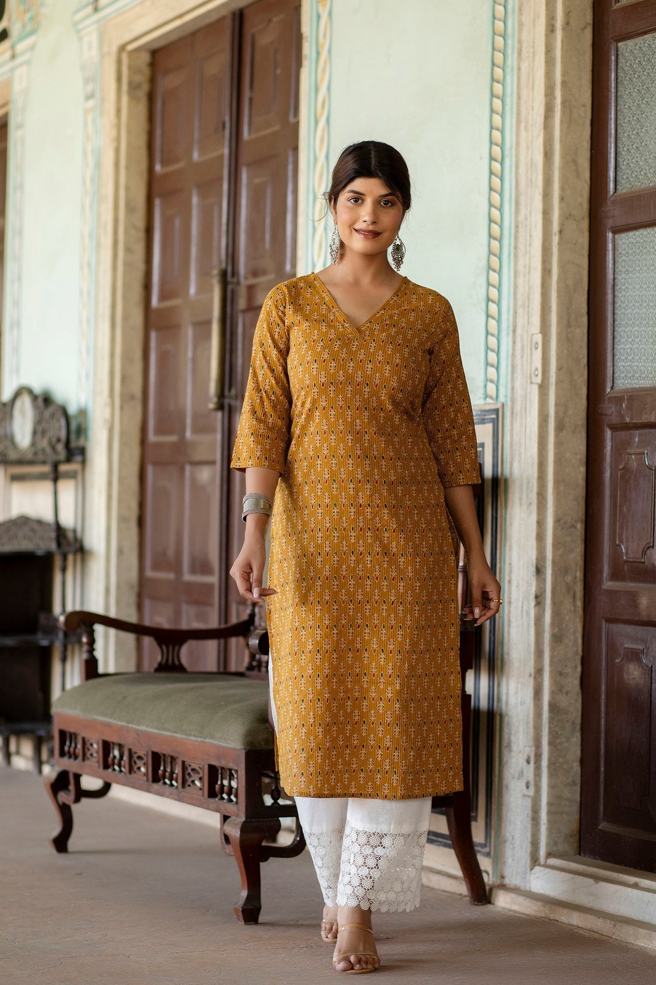 Women Yellow Ethnic Printed Straight Kurta With Three Quarter Sleeves | LASVINI - Redefining Indian Fashion with Elegance
