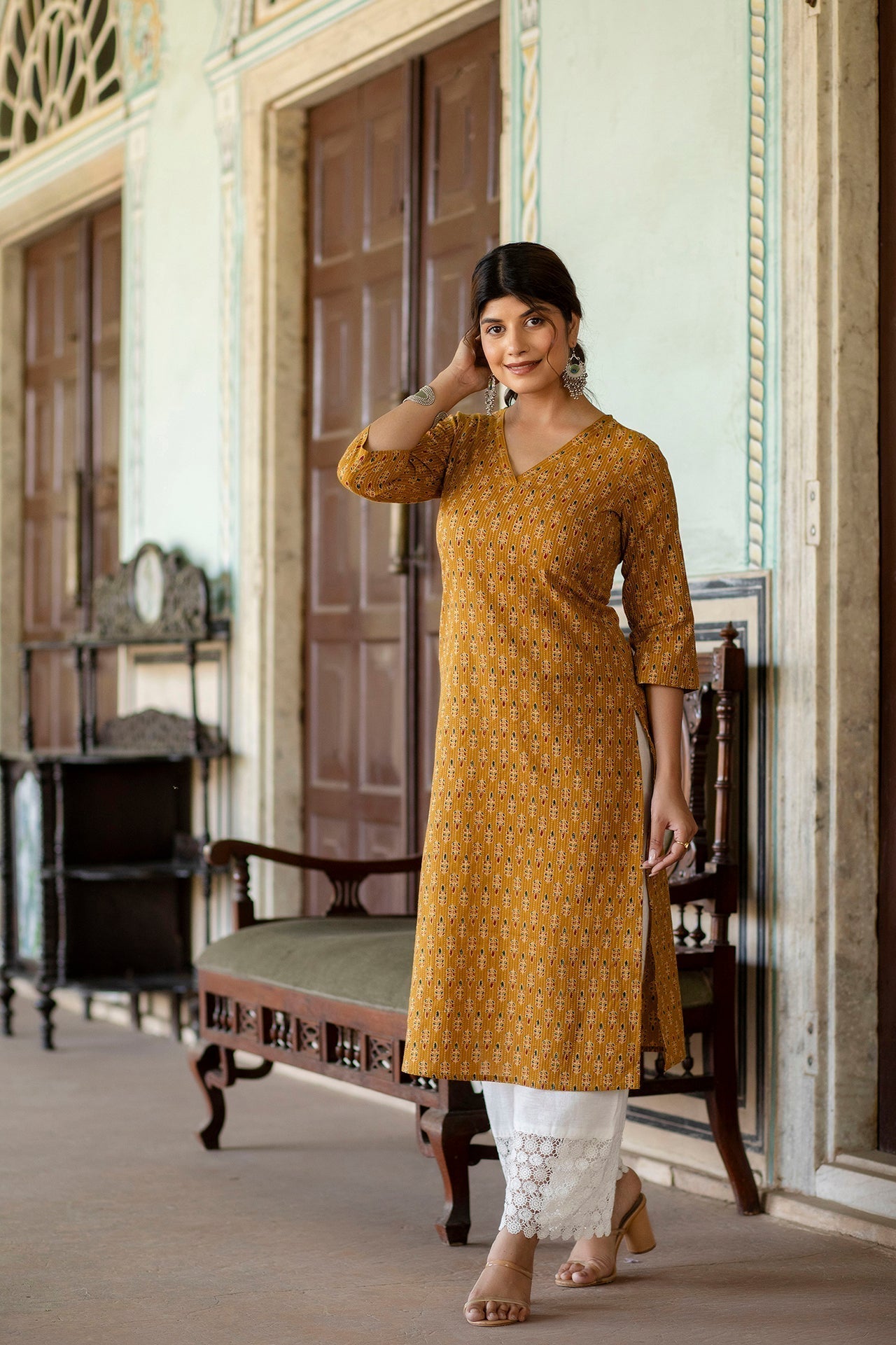 Women Yellow Ethnic Printed Straight Kurta With Three Quarter Sleeves | LASVINI - Redefining Indian Fashion with Elegance