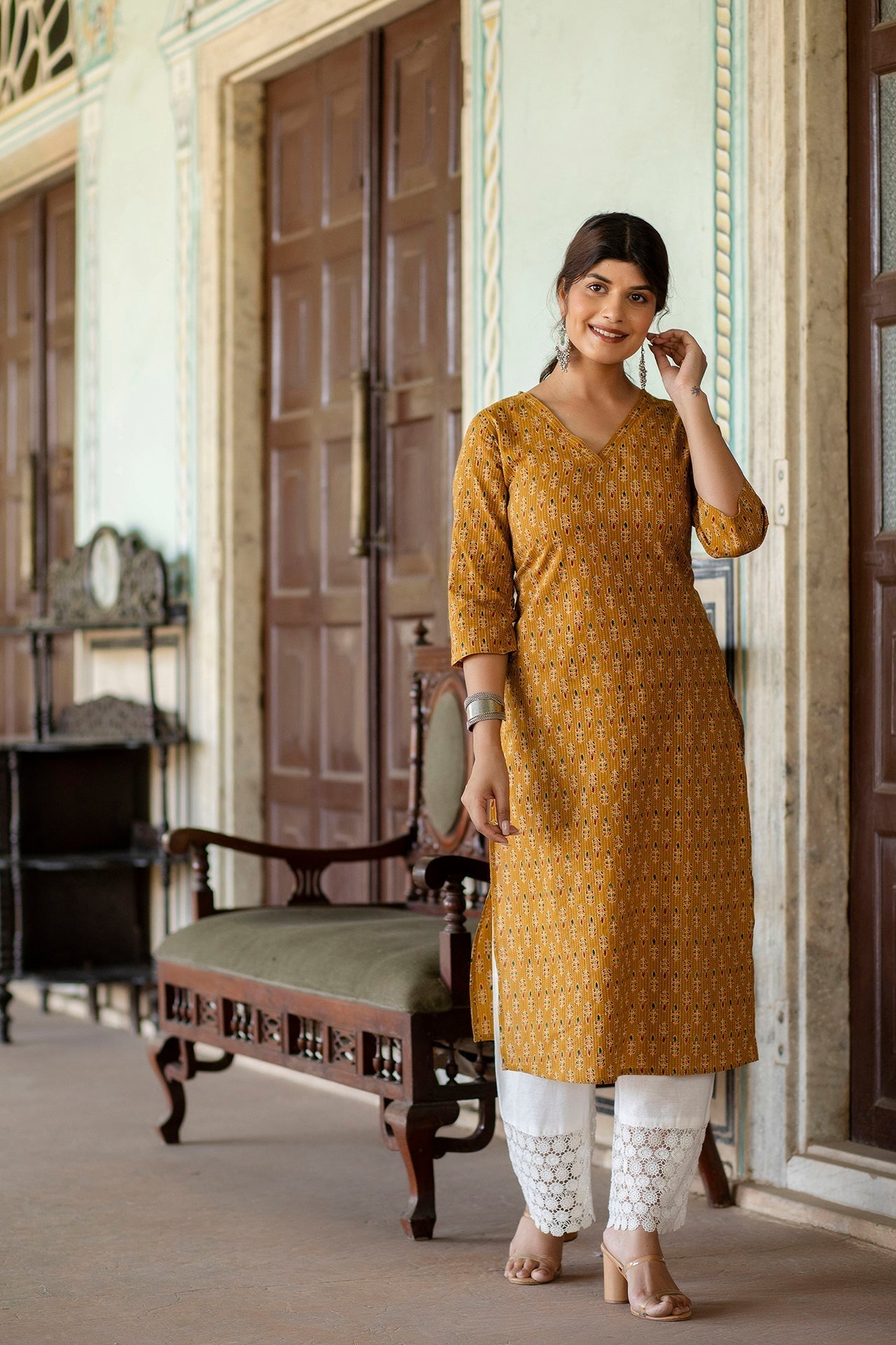 Women Yellow Ethnic Printed Straight Kurta With Three Quarter Sleeves | LASVINI - Redefining Indian Fashion with Elegance