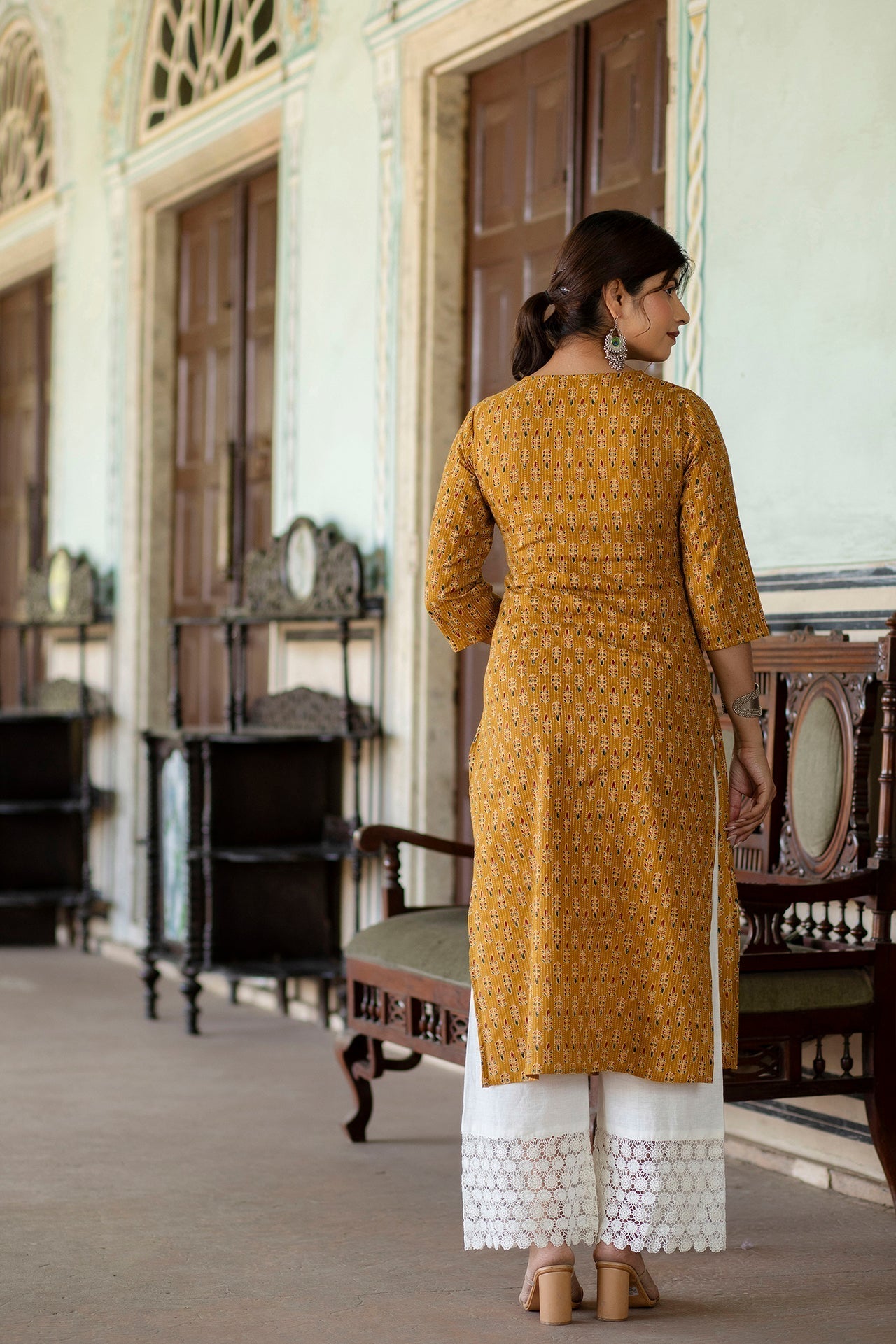 Women Yellow Ethnic Printed Straight Kurta With Three Quarter Sleeves | LASVINI - Redefining Indian Fashion with Elegance