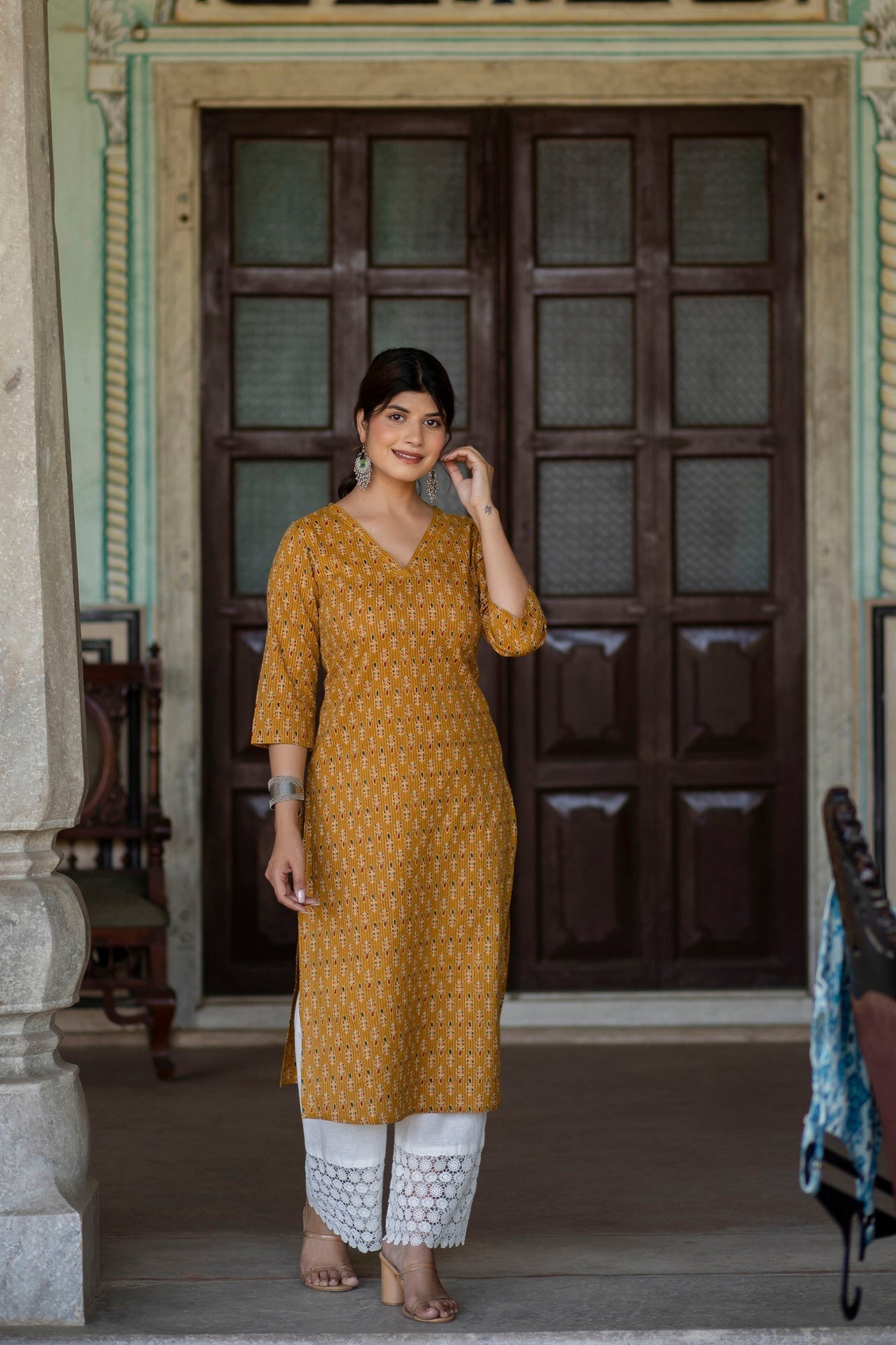 Women Yellow Ethnic Printed Straight Kurta With Three Quarter Sleeves | LASVINI - Redefining Indian Fashion with Elegance