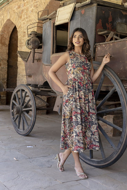 Women Black Abstract Printed Sleeveless Midi Dress | LASVINI - Redefining Indian Fashion with Elegance