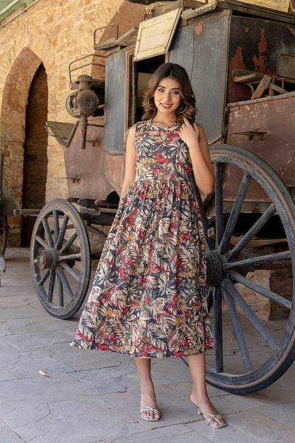 Women Black Abstract Printed Sleeveless Midi Dress | LASVINI - Redefining Indian Fashion with Elegance