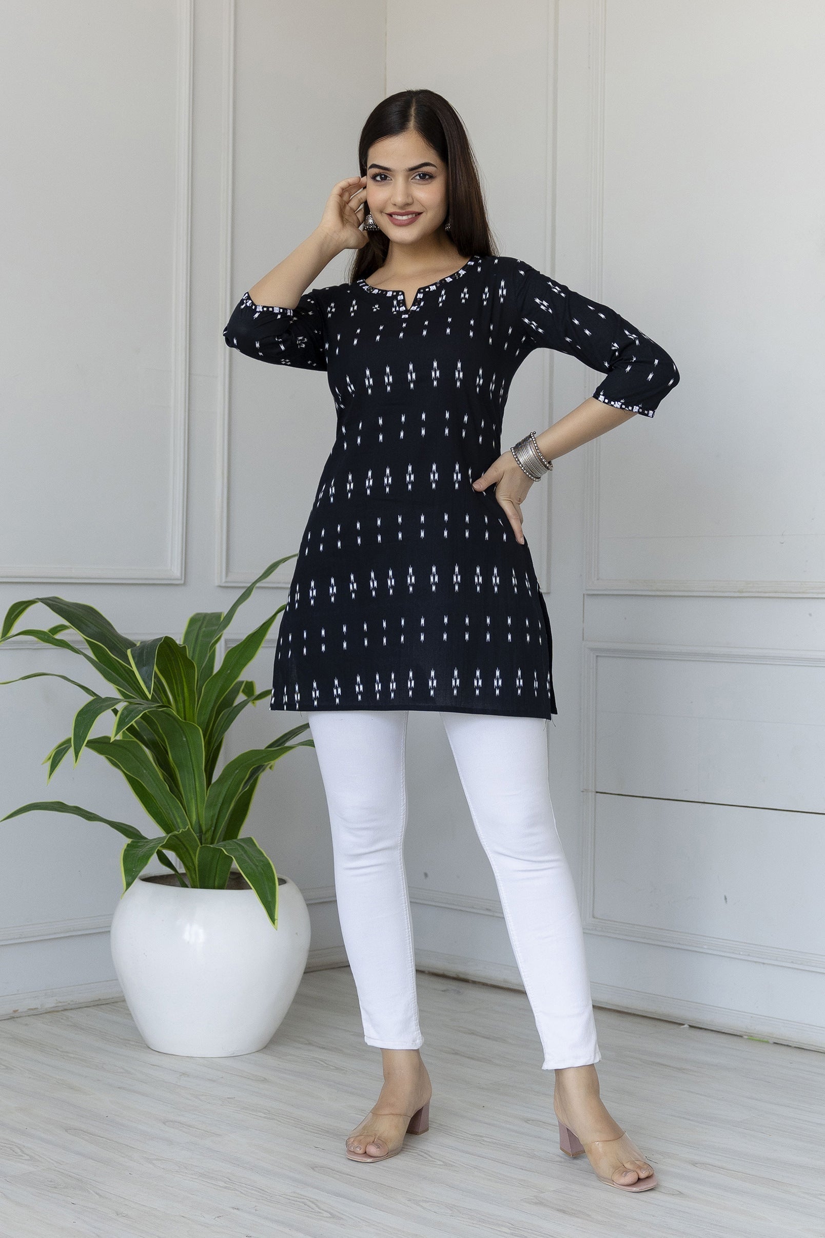 Women Black Straight Tunic With Embroidered Neck | LASVINI - Redefining Indian Fashion with Elegance