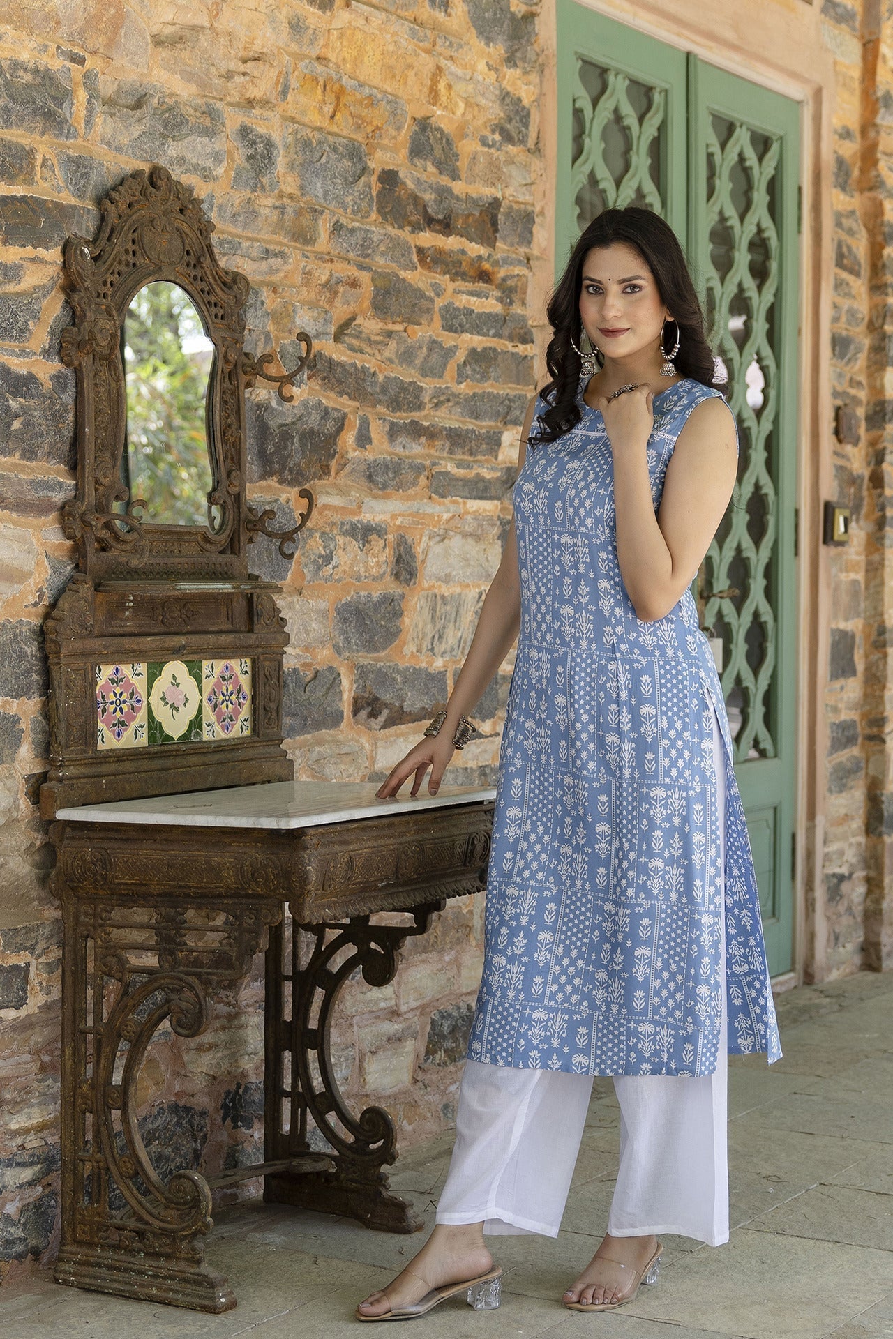 Women Blue Ethnic Straight Sleeveless Kurta | LASVINI - Redefining Indian Fashion with Elegance