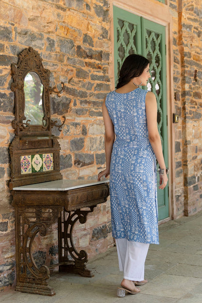 Women Blue Ethnic Straight Sleeveless Kurta | LASVINI - Redefining Indian Fashion with Elegance