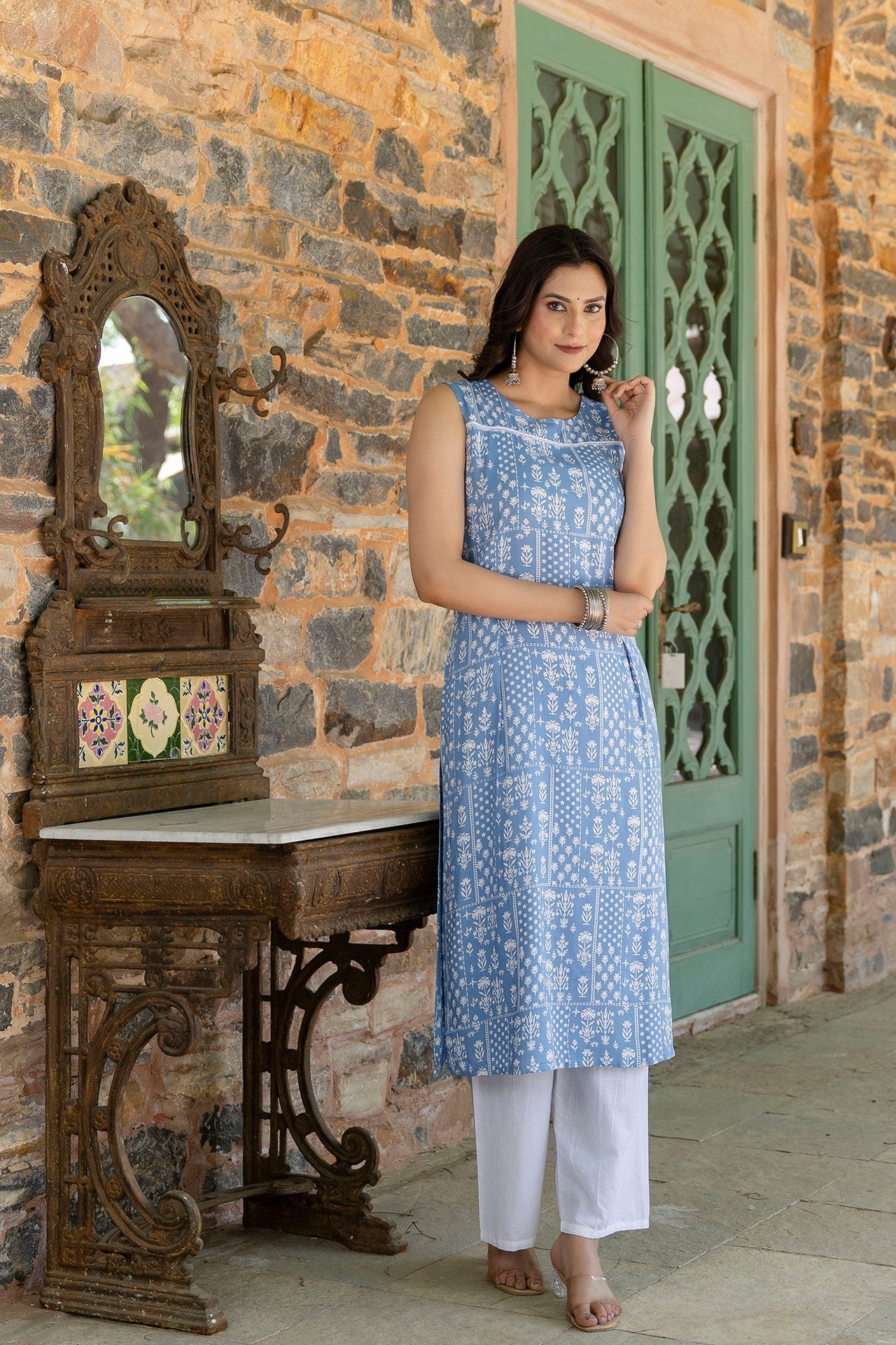 Women Blue Ethnic Straight Sleeveless Kurta | LASVINI - Redefining Indian Fashion with Elegance