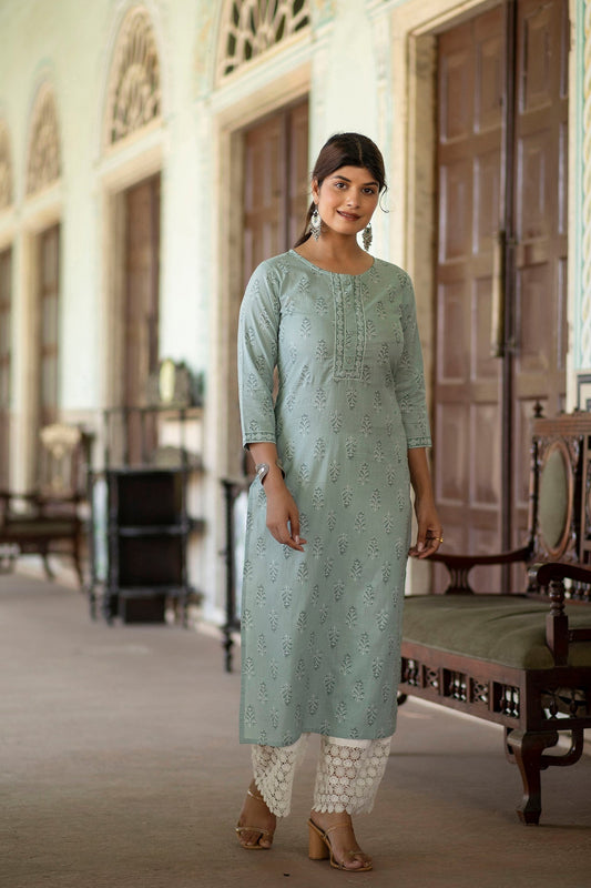 Women Green Ethnic Printed Straight Kurta With Three Quarter Sleeves | LASVINI - Redefining Indian Fashion with Elegance